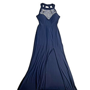 B Darlin Women Embellished Halter Neck Maxi Dress Navy Blue Size 5/6